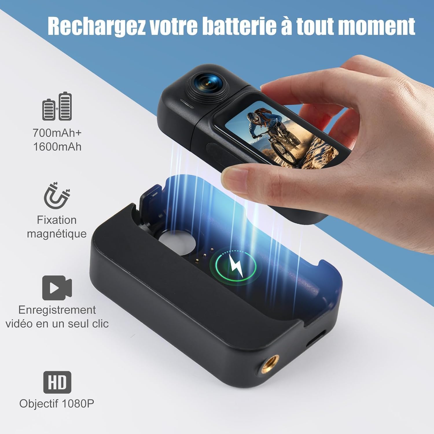 Detalle de Hiwoor Aktionskamera 360° — écran tactile, objectif rotatif 180°, grand angle 120°, étanche 30 m, kit 64 Go