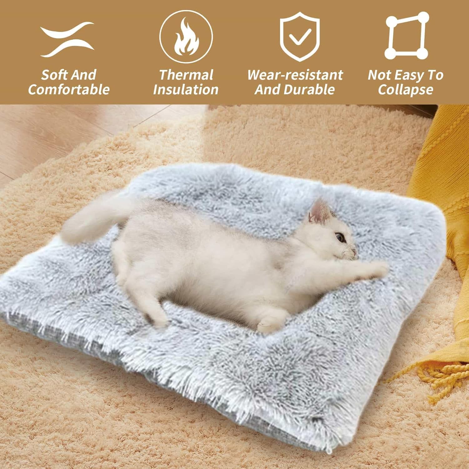 Detalle de Self-Warming Cat and Dog Mat - Fluffy Plush Bed Nest with Foldable Heating Cushion (Gray, 61x51cm)