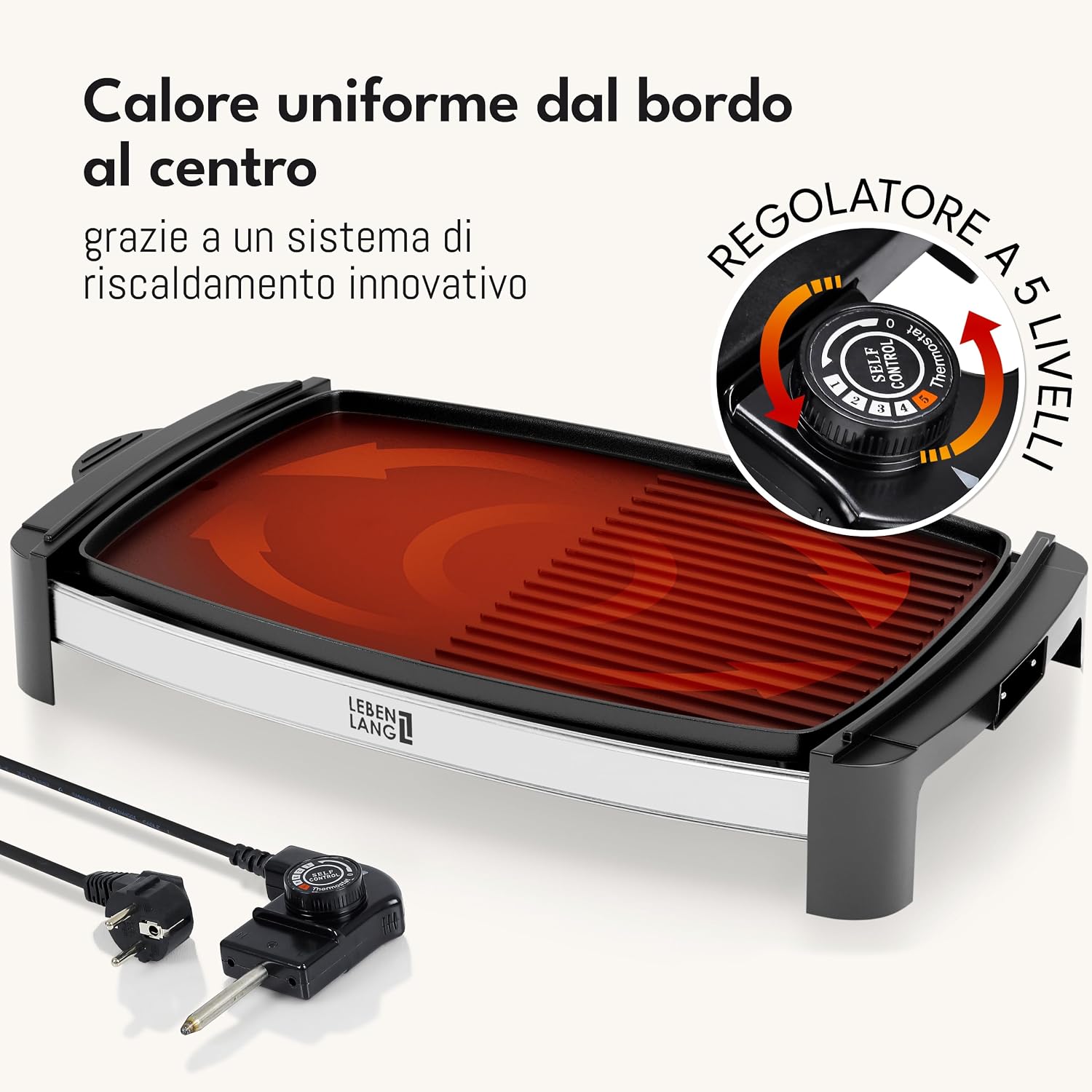Detalle de LEBENLANG Griglia Elettrica XXL 2000W con pinze, piastra 45×30 cm