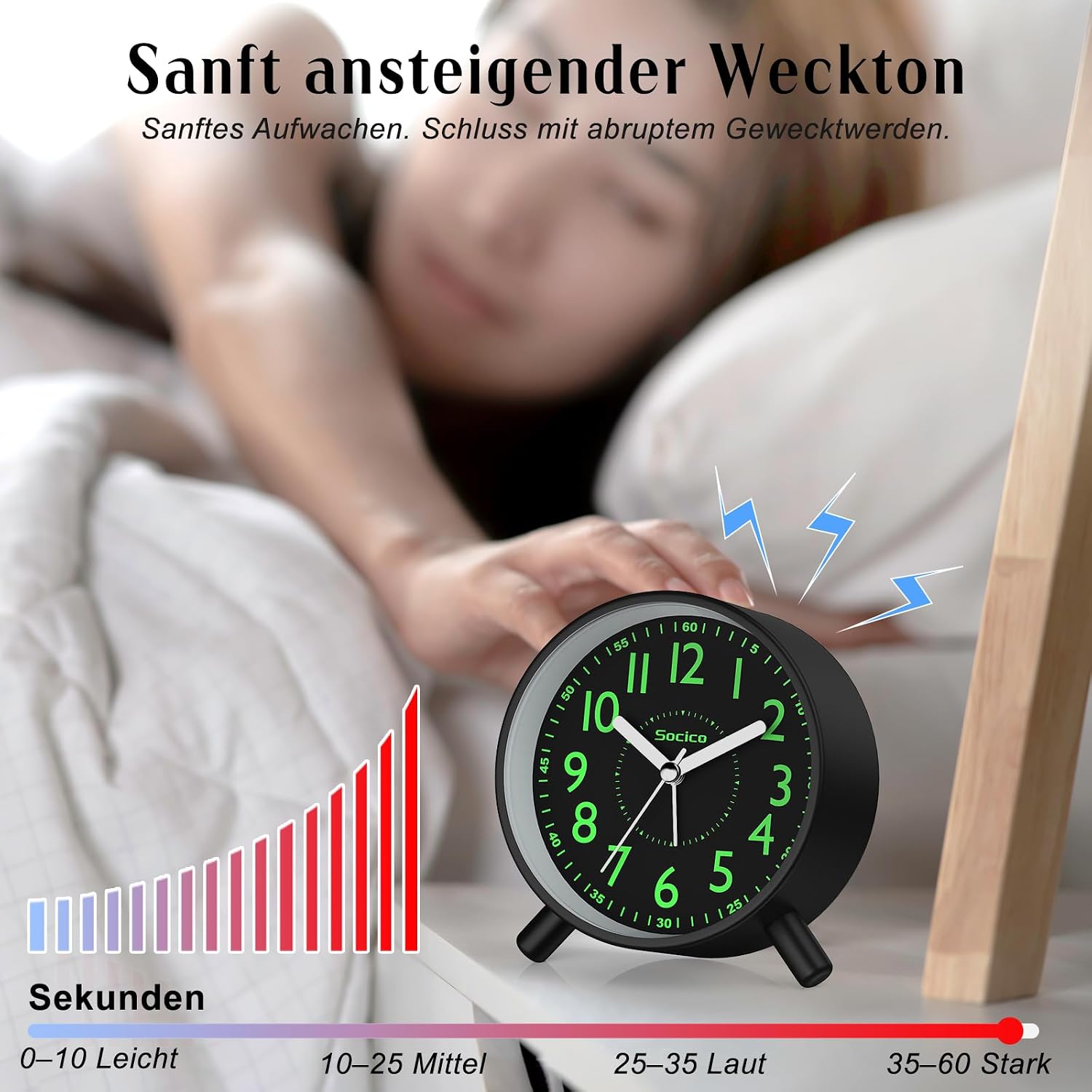 Thumbnail 4 de SOCICO Analoger Wecker mit Nachtlicht