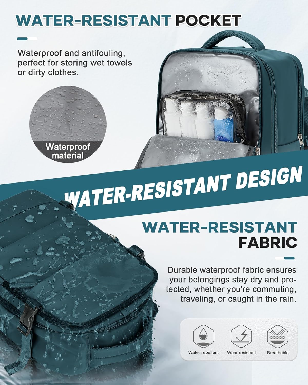 Detalle de HPLQQ Mochila de cabina 40x30x20 para Ryanair (impermeable, apertura 180°, azul pavo real)