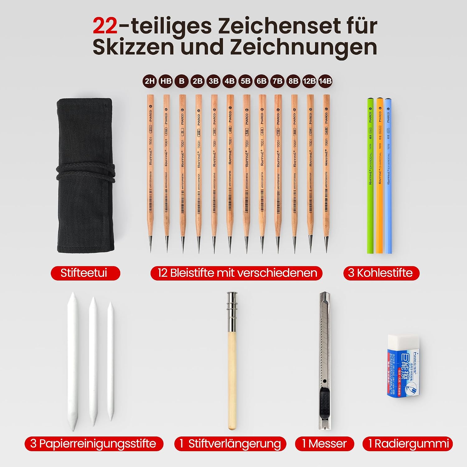 Detalle de MARCO Skizzen Zeichen Bleistift Set 22 Stück