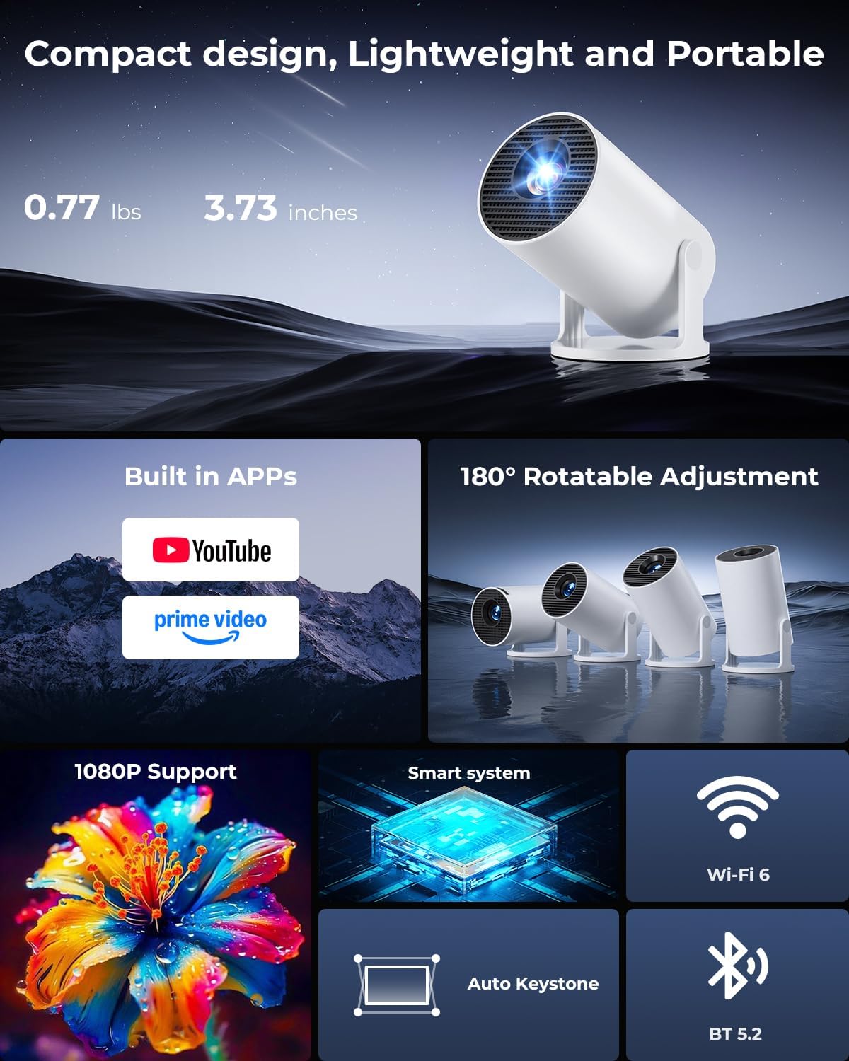 Thumbnail 1 de Mini Portable Projector with Wi‑Fi, Bluetooth, Built‑In Apps, 180° Rotation, Auto Keystone (Supports 4K/1080p)