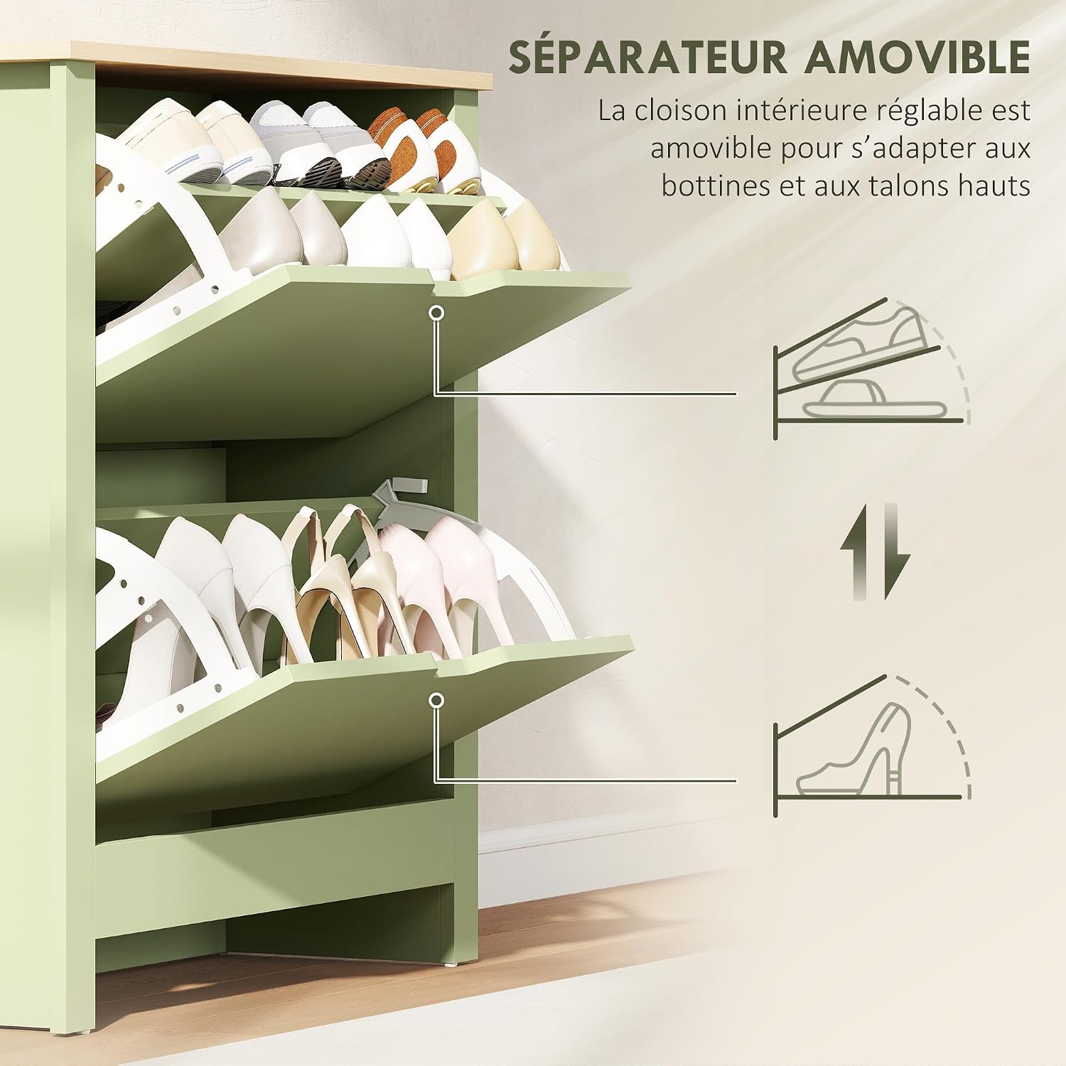Detalle 2 de HOMCOM Meuble à chaussures étroit 12 paires avec 2 tiroirs rabattables et étagères réglables (72 x 26 x 80 cm)