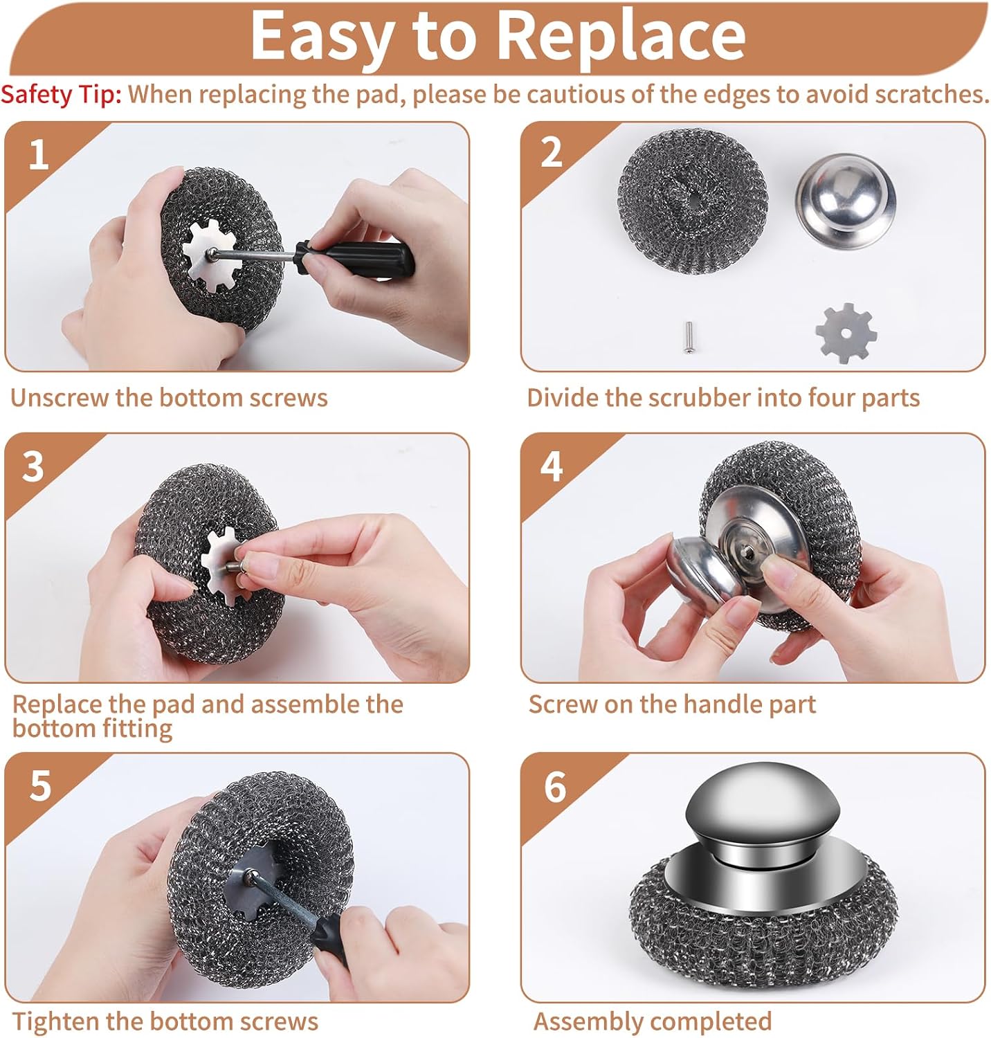 Thumbnail 5 de 5Pcs Steel Wool Scrubber with Replacement Pads Set — Stainless Steel Scrubber with Handle for Tough Grime