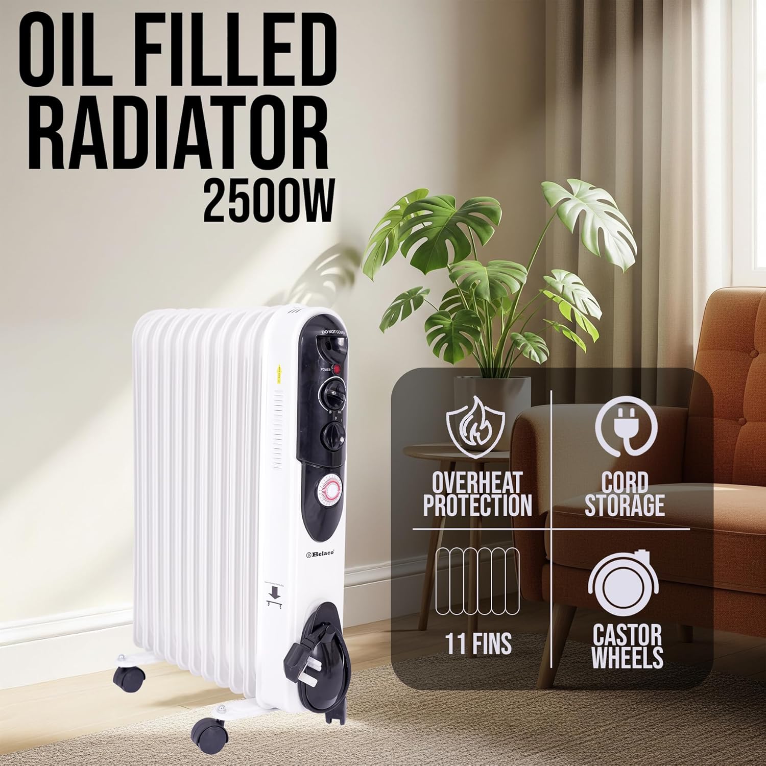 Detalle de Belaco 2500W oil-filled radiator with 24H timer