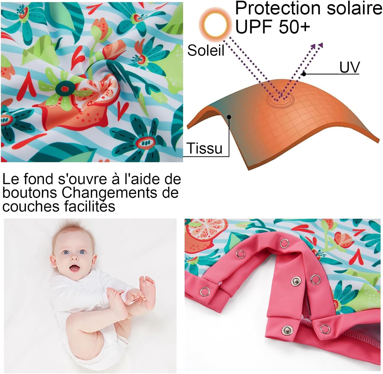 Detalle de Maillot de Bain upandfast pour bébé et enfant UPF 50+ avec boutons au bas et fermeture éclair