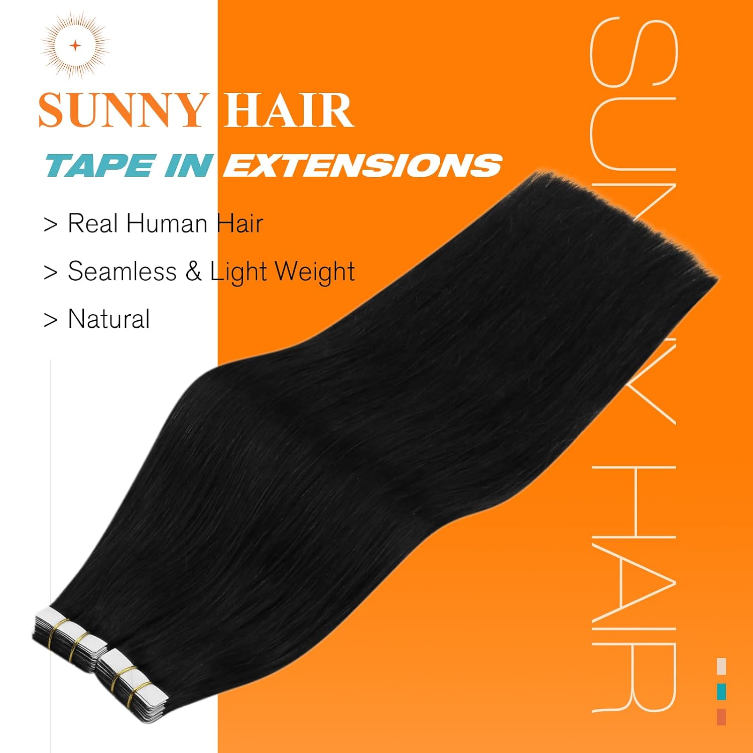 Detalle de Sunny Hair Tape-In Hair Extensions — Real Remy Human Hair, 28-inch, Jet Black (20 Pieces, 50g)