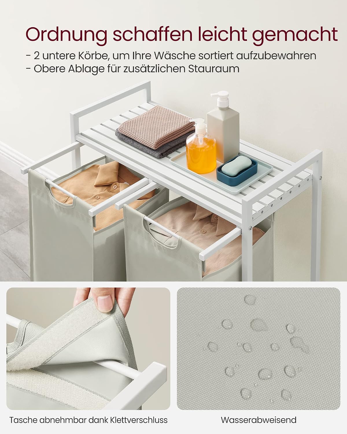 Thumbnail 3 de VASAGLE Wäschekorb mit 2 Fächern, Ablage & abnehmbarem Wäschesack (2 x 46 l) BLH201W01