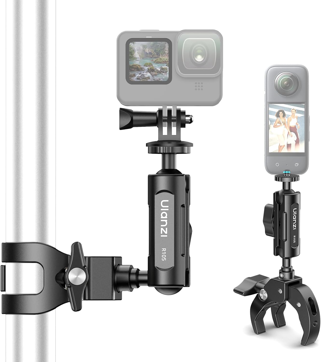 Detalle de ULANZI R105 Super Clamp : support caméra à 3 griffes, double tête 360° et fixation 1/4