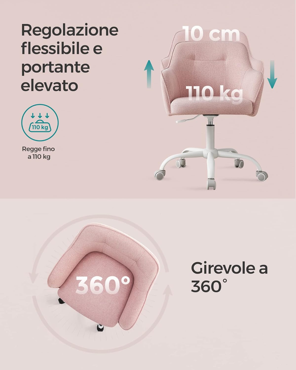 Thumbnail 6 de Sedia da studio girevole SONGMICS con altezza regolabile, portata 110 kg e tessuto cotone-lino rosa OBG019P01