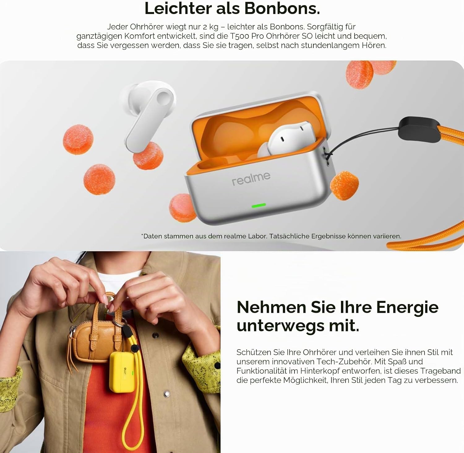 Detalle de realme Buds T500 Pro In-Ear Kopfhörer – 50 dB ANC, 56 Stunden Spielzeit, Hi-Res Sound, IP55, 3-Geräte-Verbindung