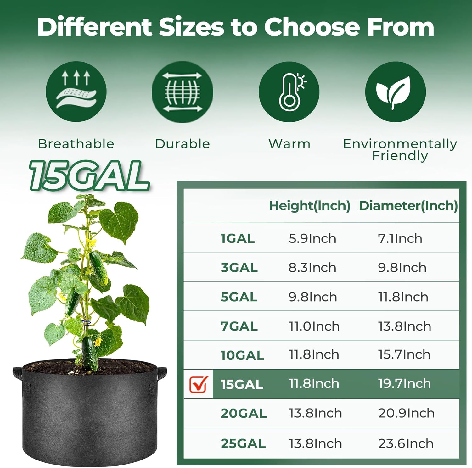 Thumbnail 1 de T4U 15 Gallon Plant Grow Bags with Handles (Pack of 5) – Thick Non-Woven Smart Fabric Pots
