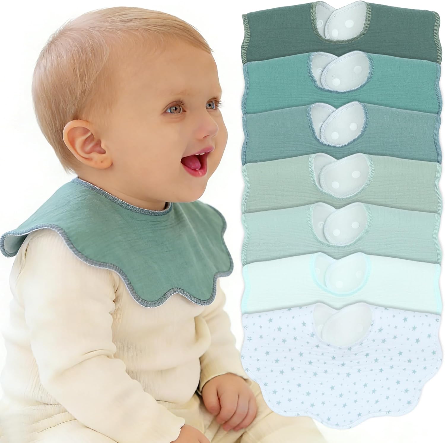 Detalle de Benoxine muslin baby dribble bandana bibs (7-pack) – soft, absorbent and adjustable snap bibs for unisex babies