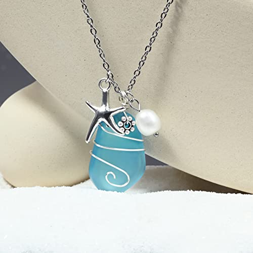 Thumbnail 3 de Teppdfann Sea Glass Necklace: Wire-Wrapped Beach Pendant with Starfish Charm & Freshwater Pearl