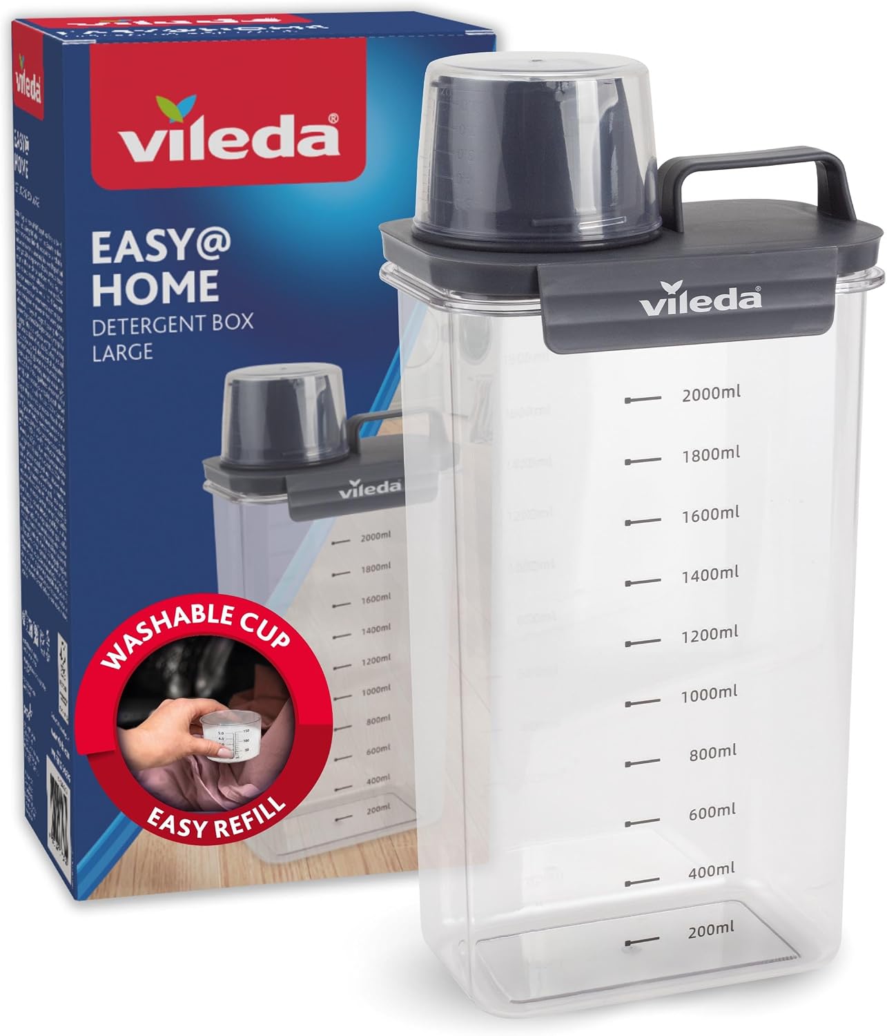 Detalle de Vileda Waschmittelbox 2300 ml grau – luftdichte Vorratsbox für Waschpulver & Flüssigwaschmittel mit Messbecher
