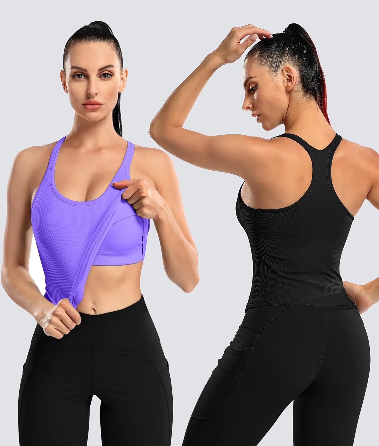 Detalle de ATTRACO Women Ribbed Workout Crop Top with Built-in Bra – Yoga Racerback Tank
