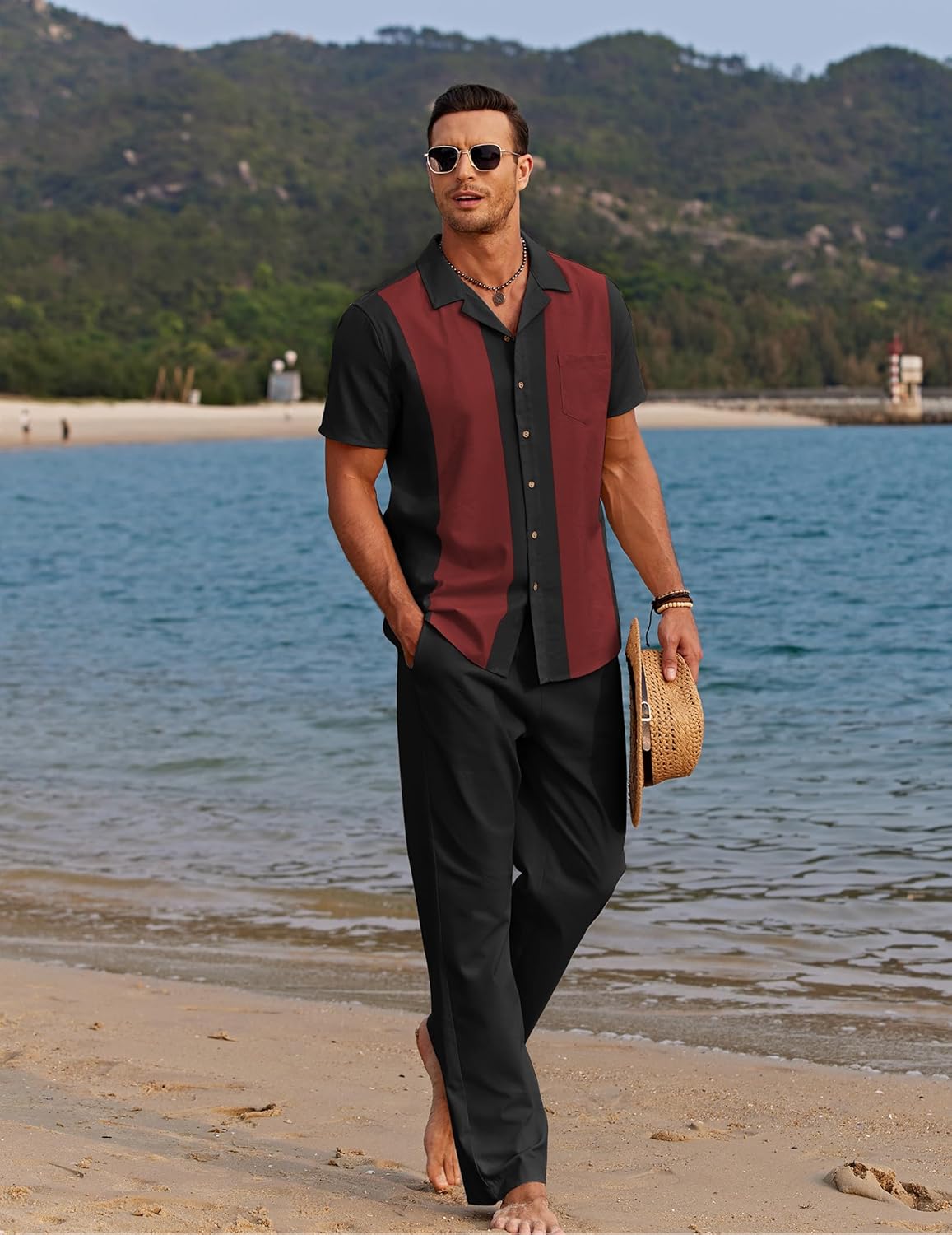 Thumbnail 3 de COOFANDY Men 2 Piece Linen Outfit: Beach Button-Down Shirt and Loose Pants Set