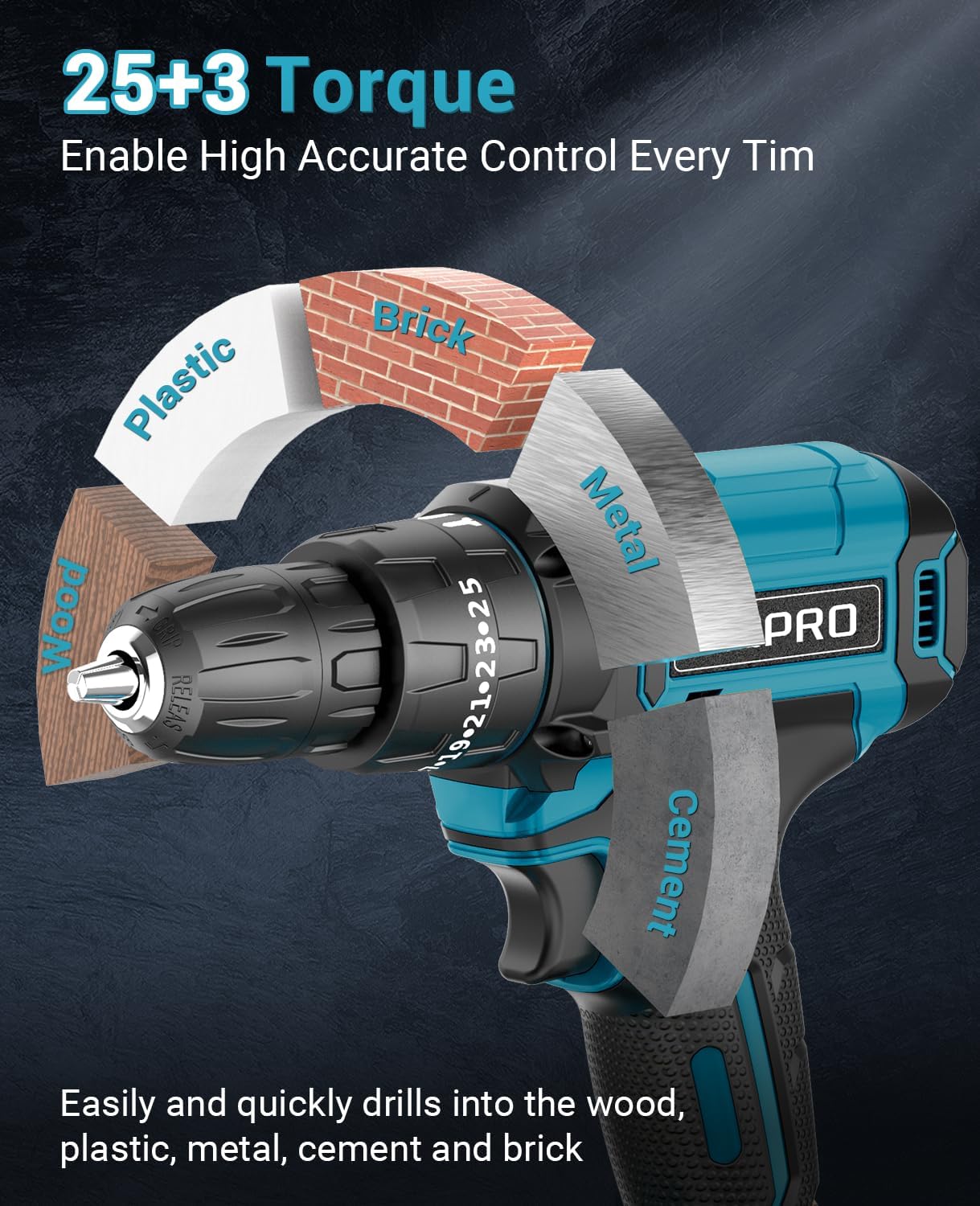 Detalle 2 de Trapano Avvitatore a Batteria 21V MHPRO con 2 Batterie da 2,0Ah – 42Nm, 2 Velocità, 14 Accessori