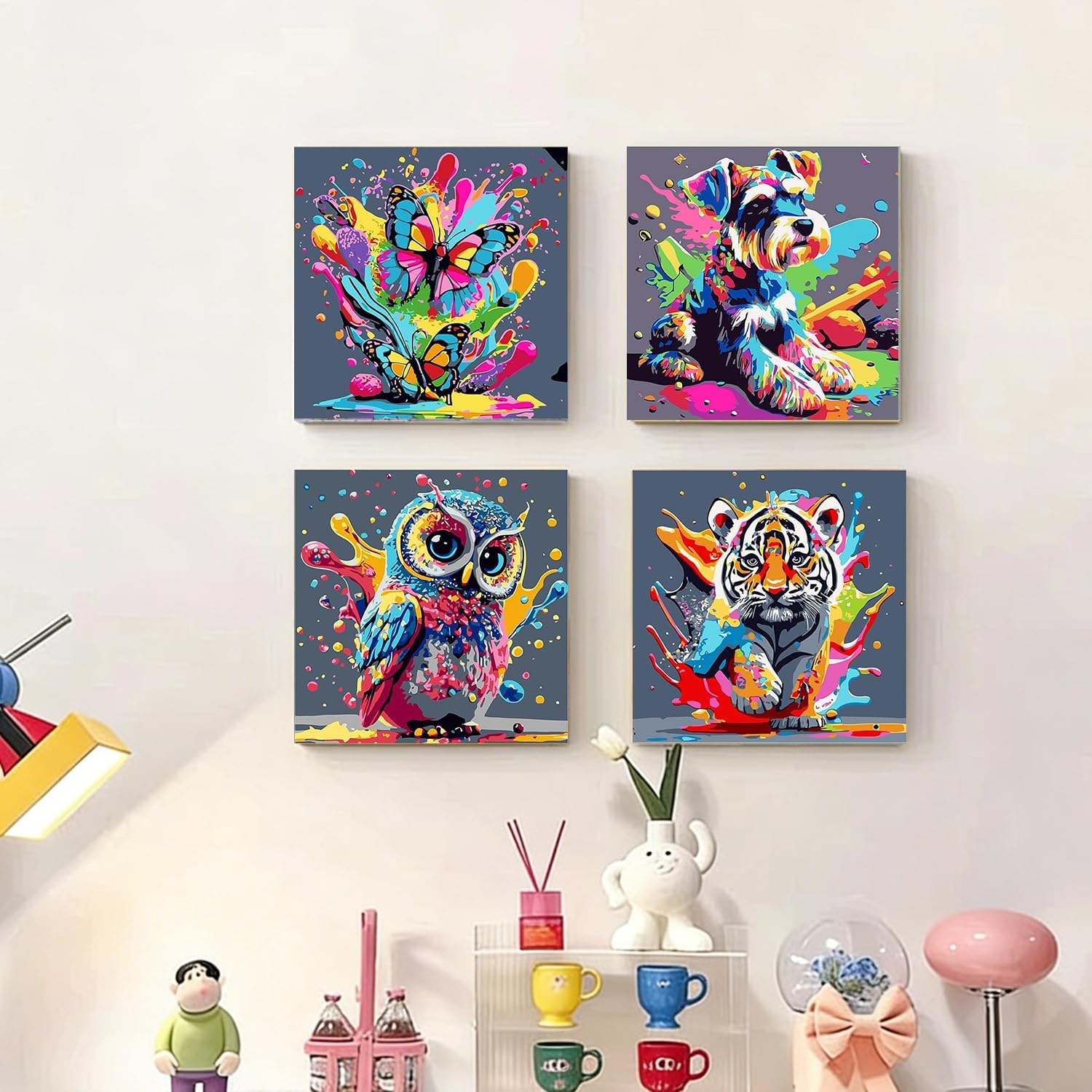Detalle de WEMEON 4 Pack Paint by Numbers for Children (Framed) – 8x8 Inch Kids Painting Kits Ages 4–8–12