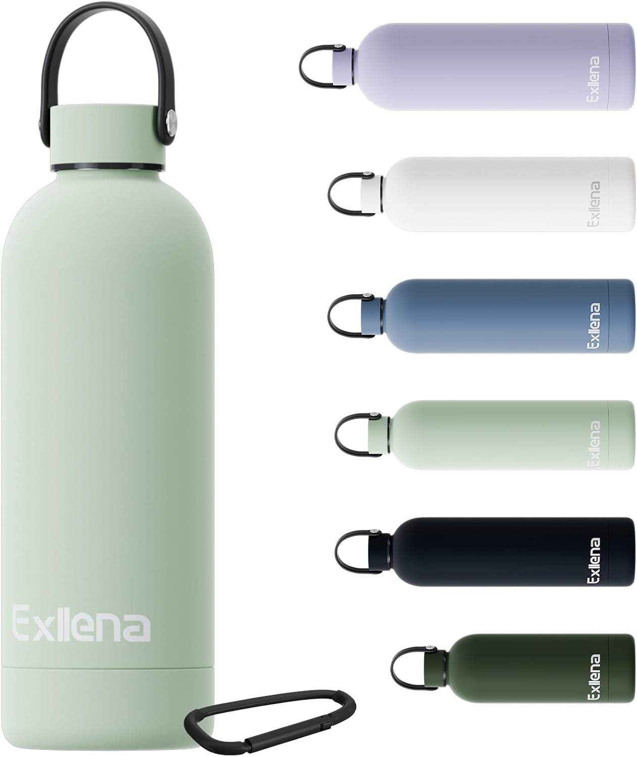 Detalle de Exllena Edelstahl-Trinkflasche mit Griff & Karabiner, isolierte Thermosflasche 500 ml (Flechtengrün)