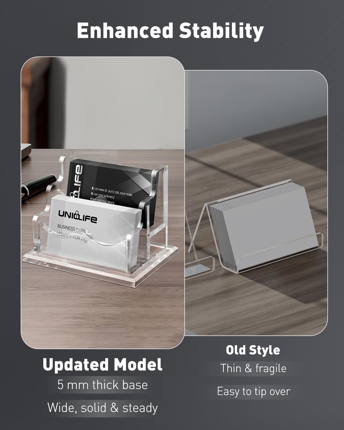 Thumbnail 3 de Uniclife porte-cartes de visite horizontal transparent en acrylique, 2 emplacements (jusqu’à 120 cartes) pour bureau