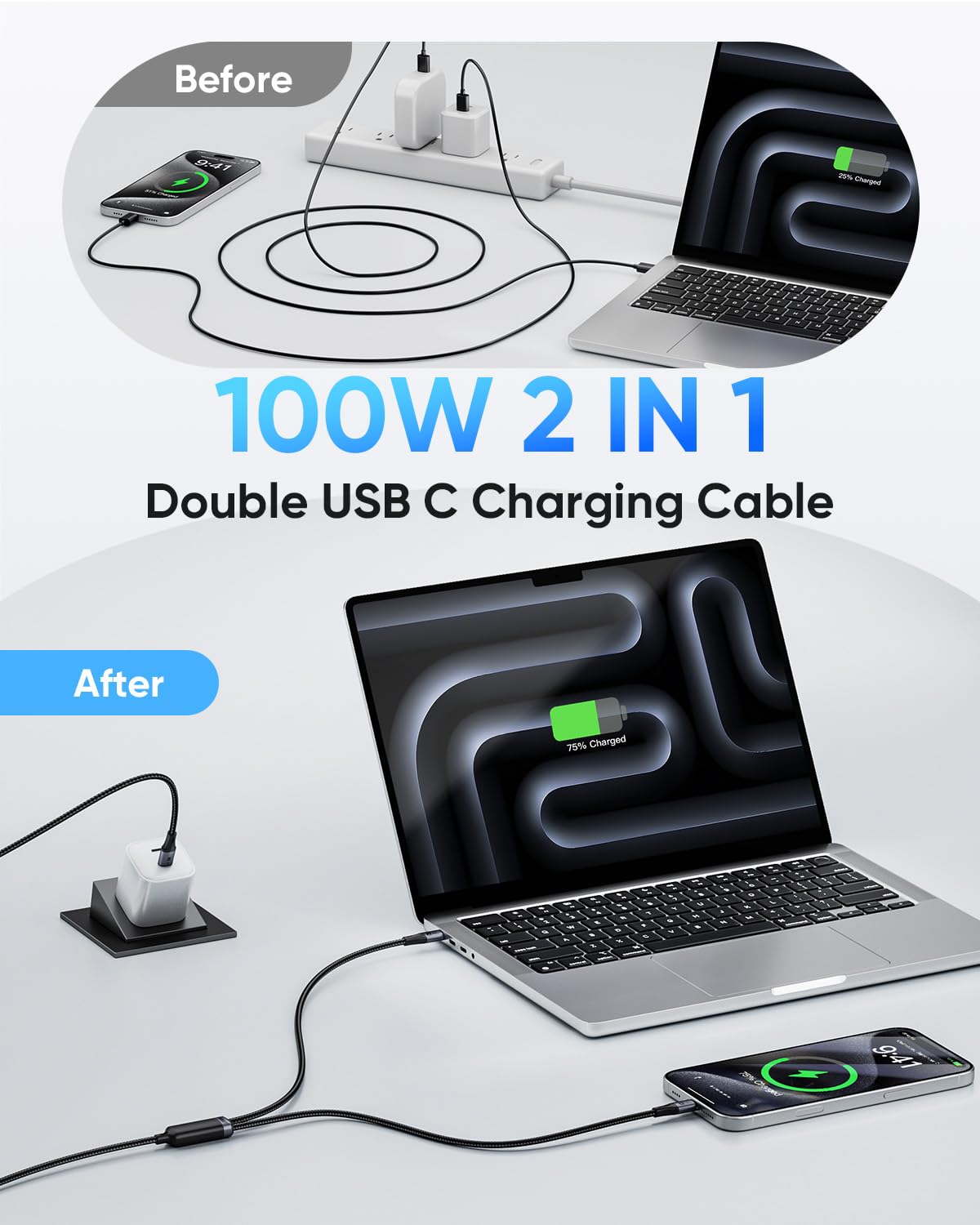 Thumbnail 1 de SUNGUY 2‑in‑1 USB‑C auf USB‑C Kabel 0,6 m – 100 W Schnellladung, 2 Anschlüsse für Laptop und Smartphone