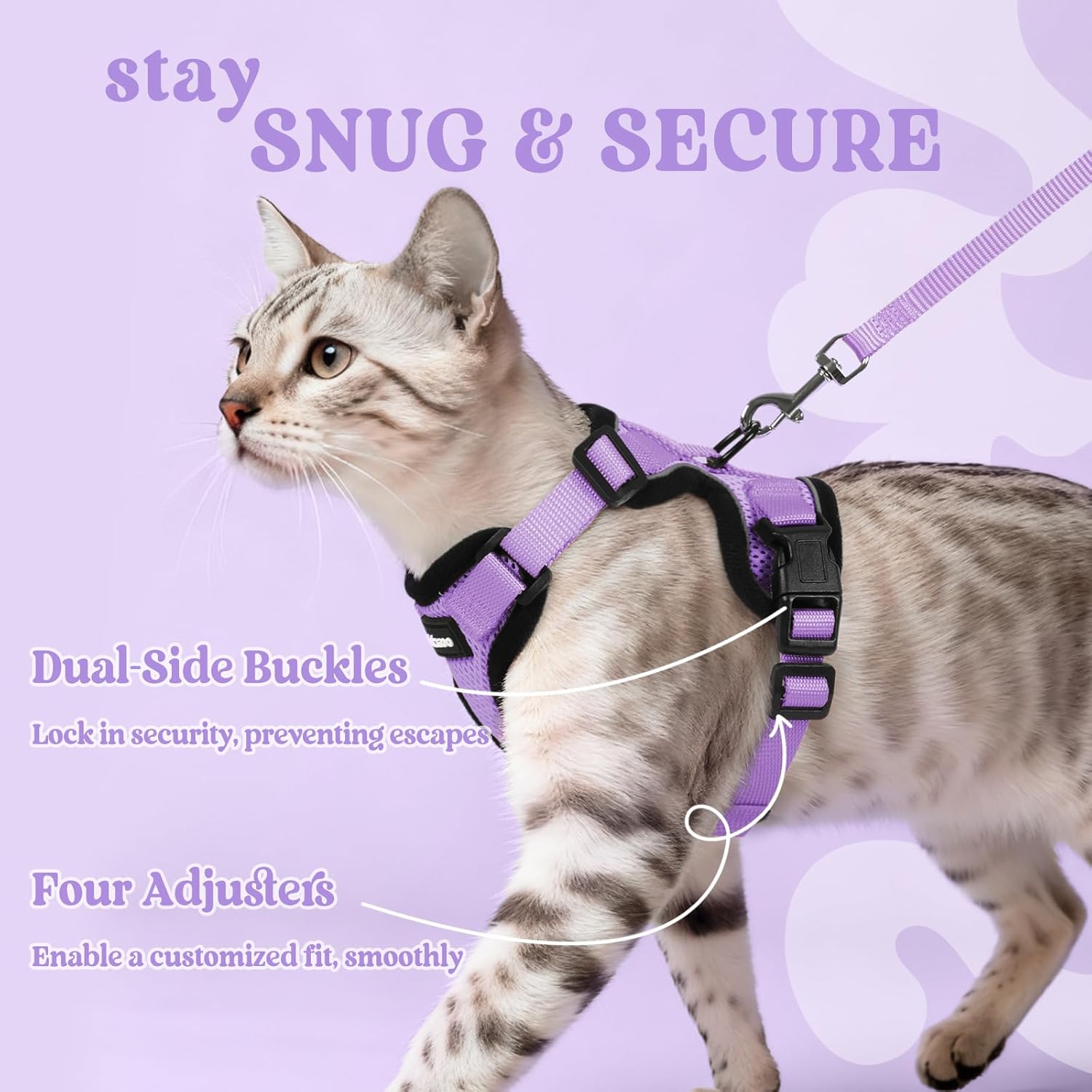 Thumbnail 5 de rabbitgoo Cat Harness and Lead Set (Escape Proof) with Reflective Adjustable Vest, Light Purple, Medium–Large (M)