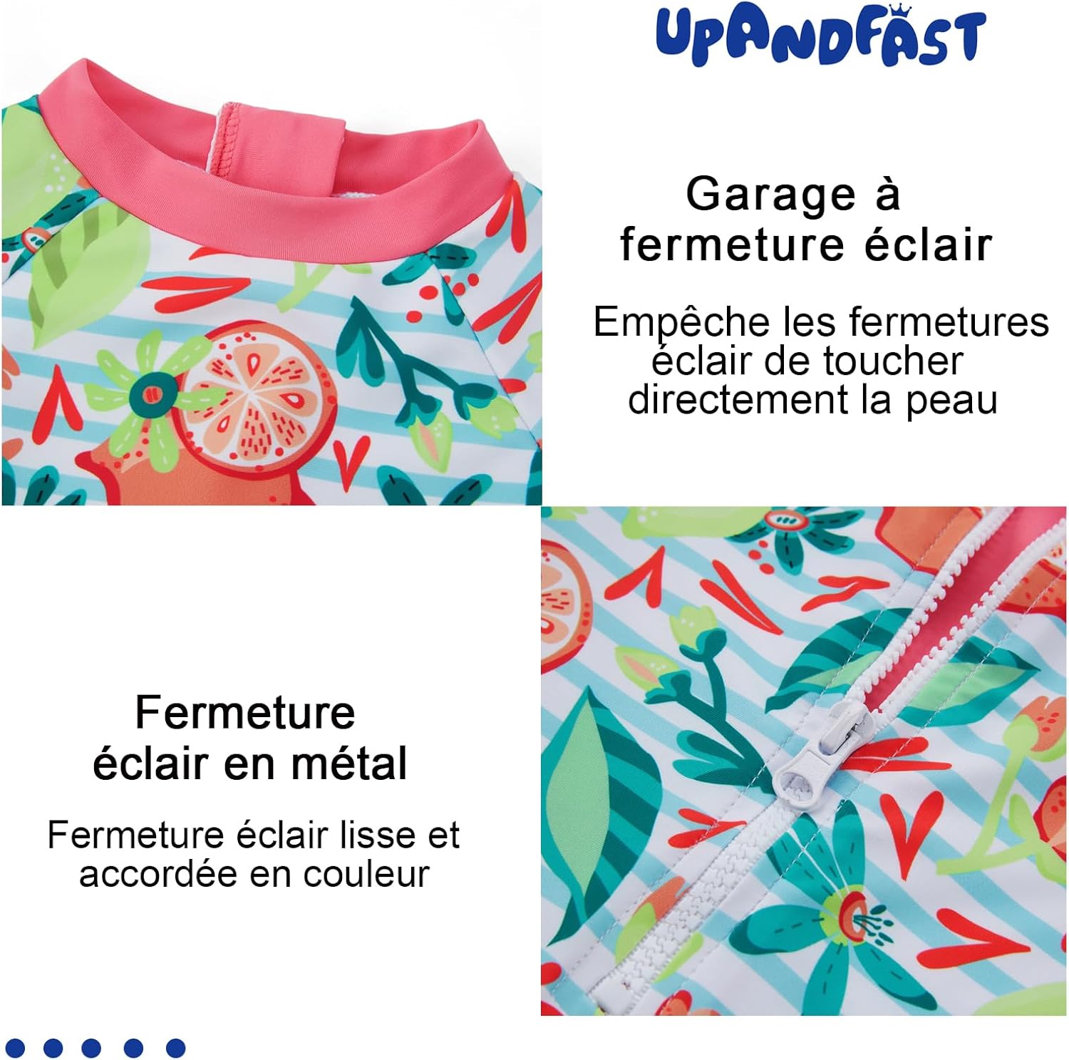 Detalle de Maillot de Bain upandfast pour bébé et enfant UPF 50+ avec boutons au bas et fermeture éclair