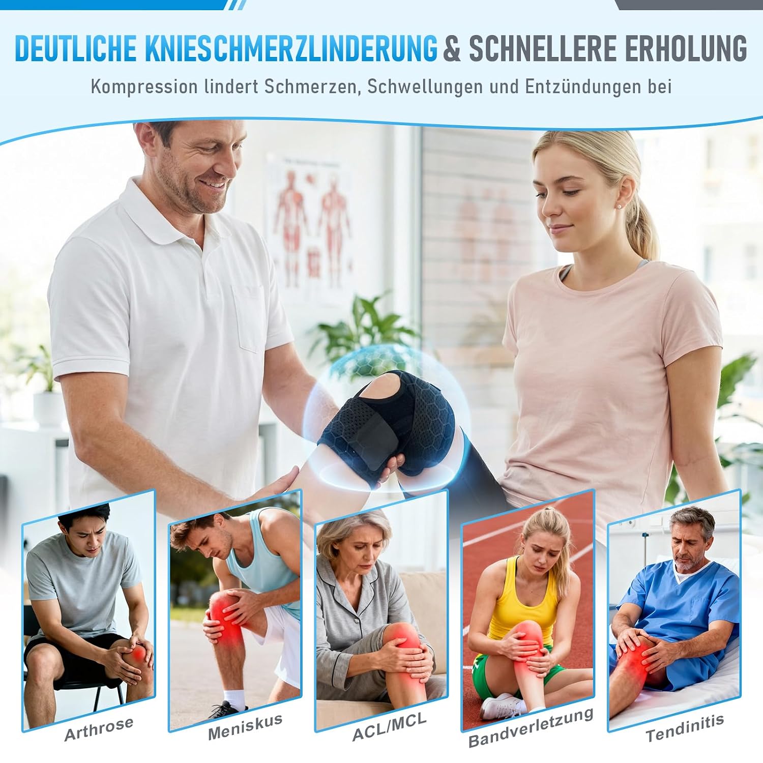 Detalle 2 de Lusenone Kniebandage für Damen & Herren – Verstellbare Kniestütze mit Seitenstabilisatoren