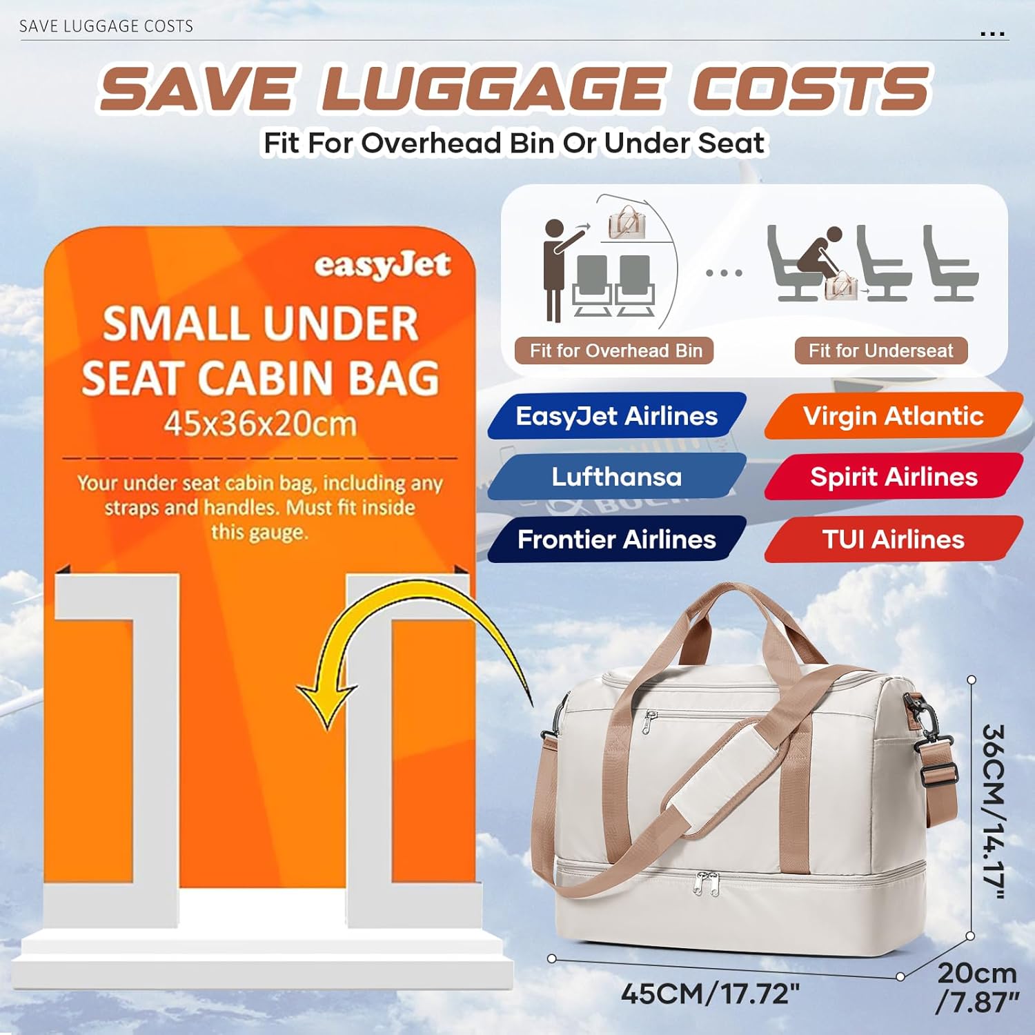 Thumbnail 2 de Easyjet Underseat Cabin Bag 45x36x20 cm (Beige Brown) – 32L Weekender with Wet Pocket and Shoe Compartment