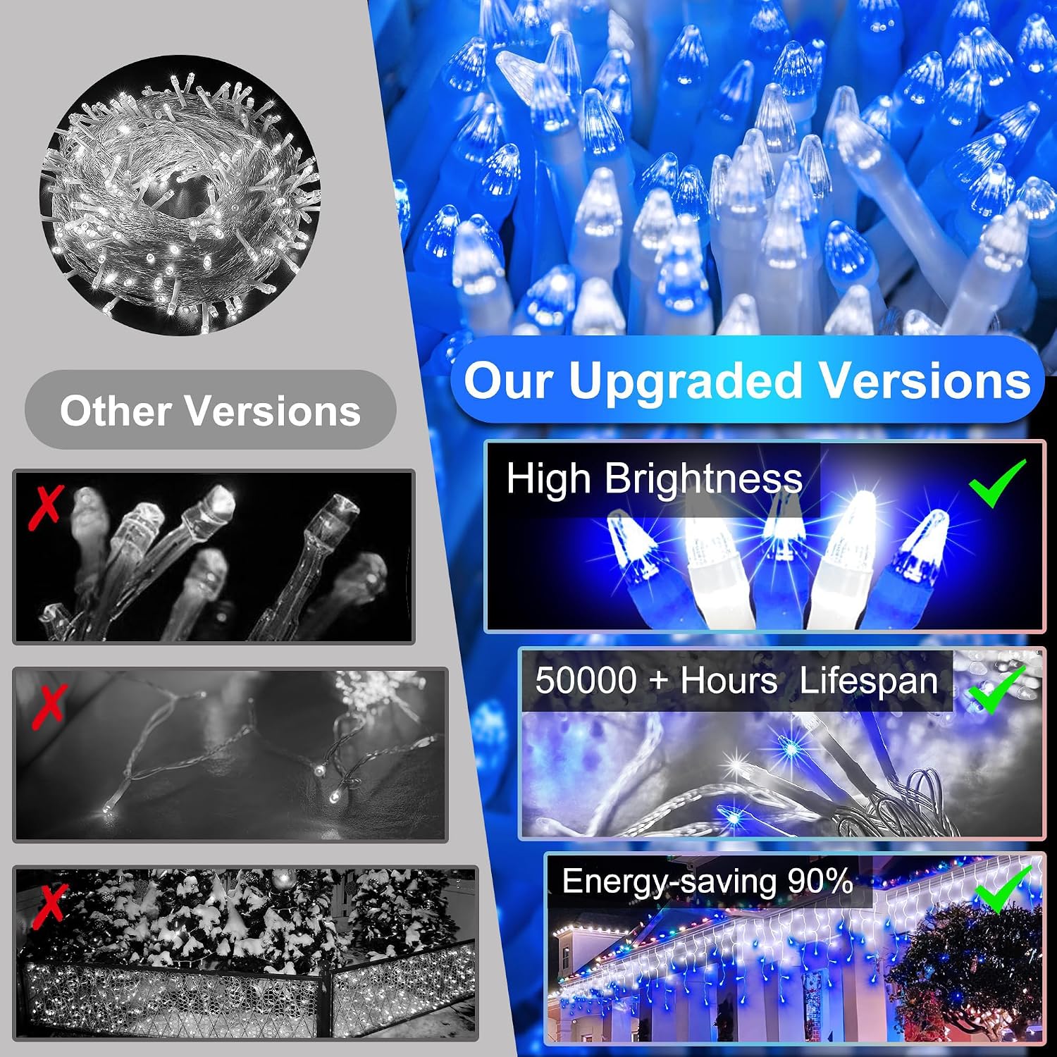 Detalle 2 de BPAZVUH UNI-612L LED Icicle Lights, 60 ft, 612 Blue and Cool White LEDs