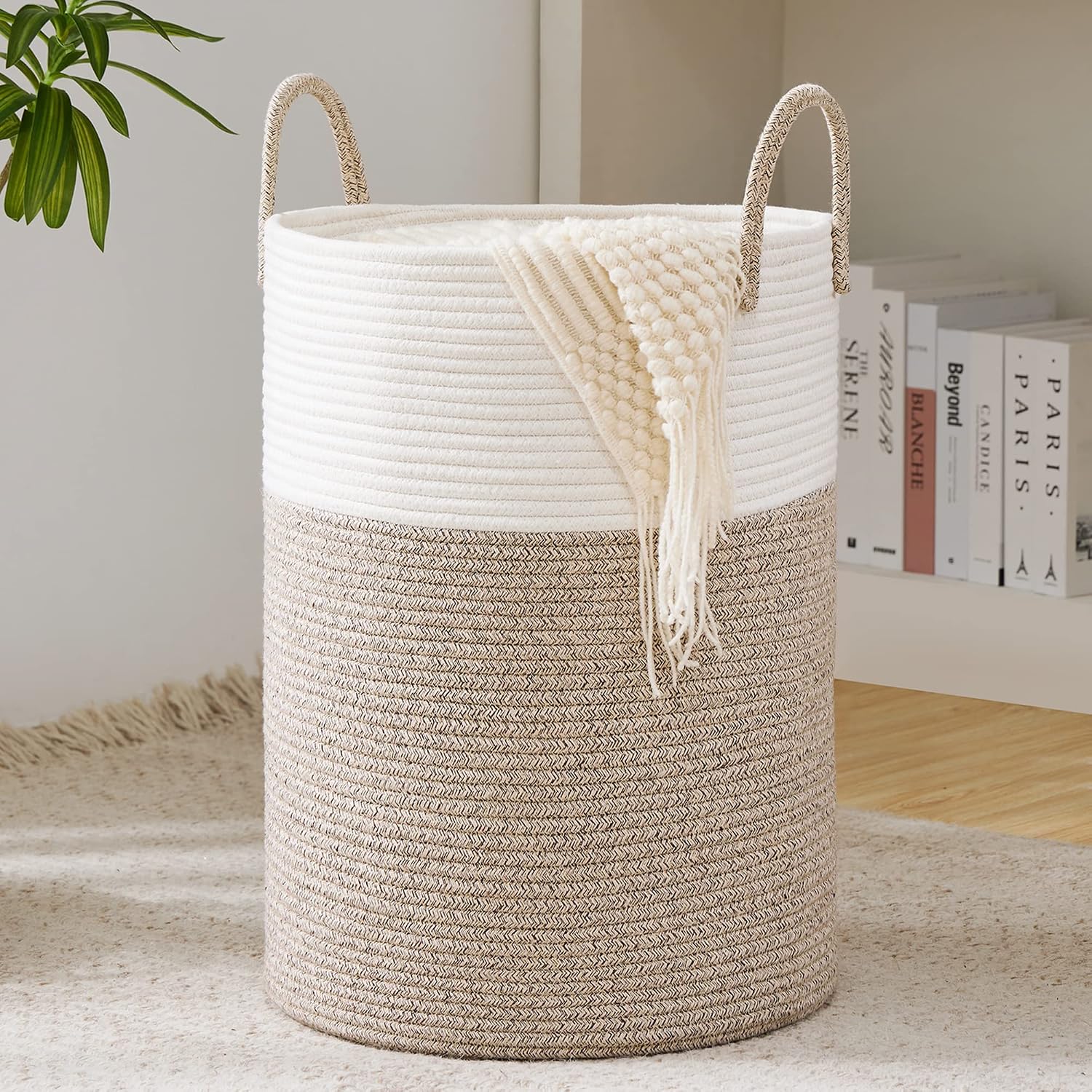 Detalle de YOUDENOVA Woven Rope Laundry Hamper, 58L Tall Cotton Basket, Brown