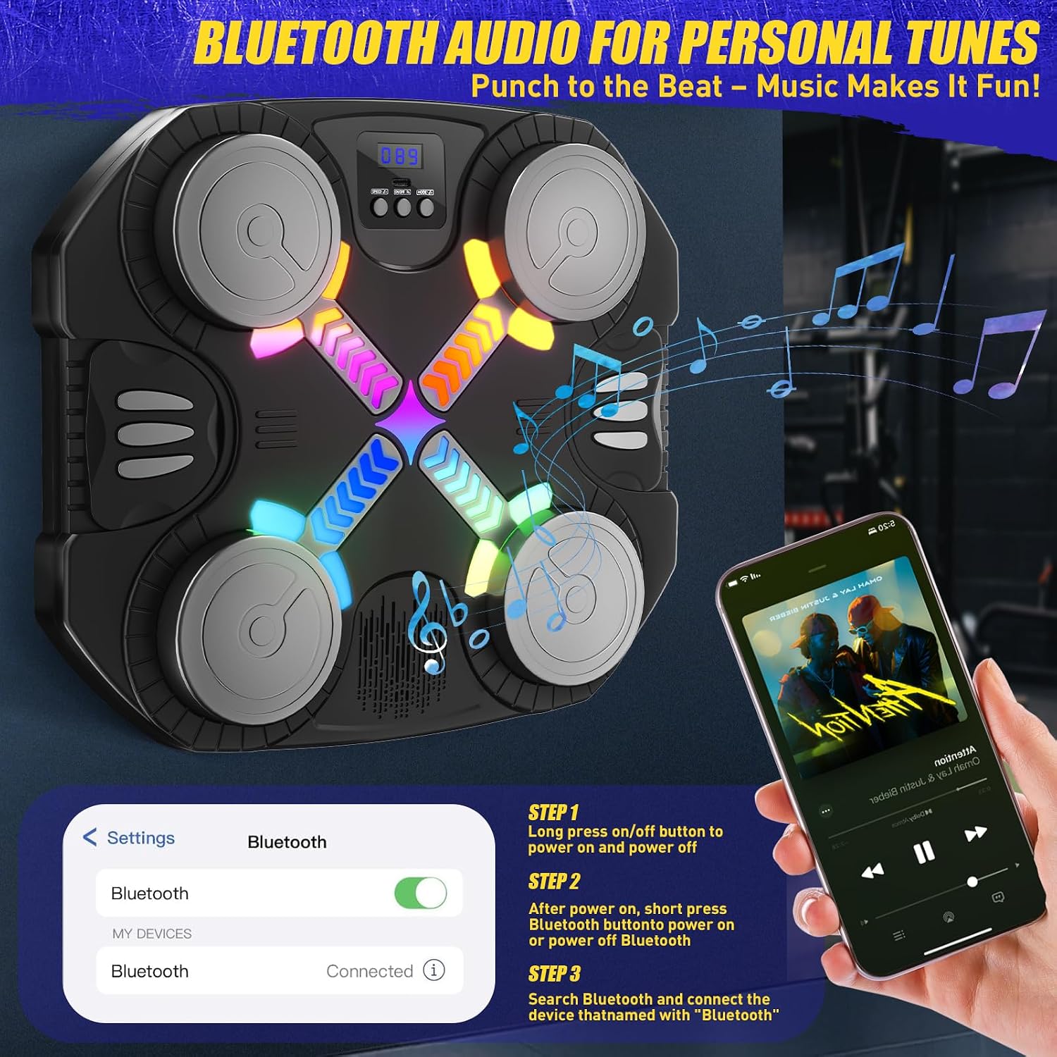 Detalle de Esnowlee Music Boxing Machine for Kids: Wall-Mounted Bluetooth Punch Pad with Gloves (3–12 years)