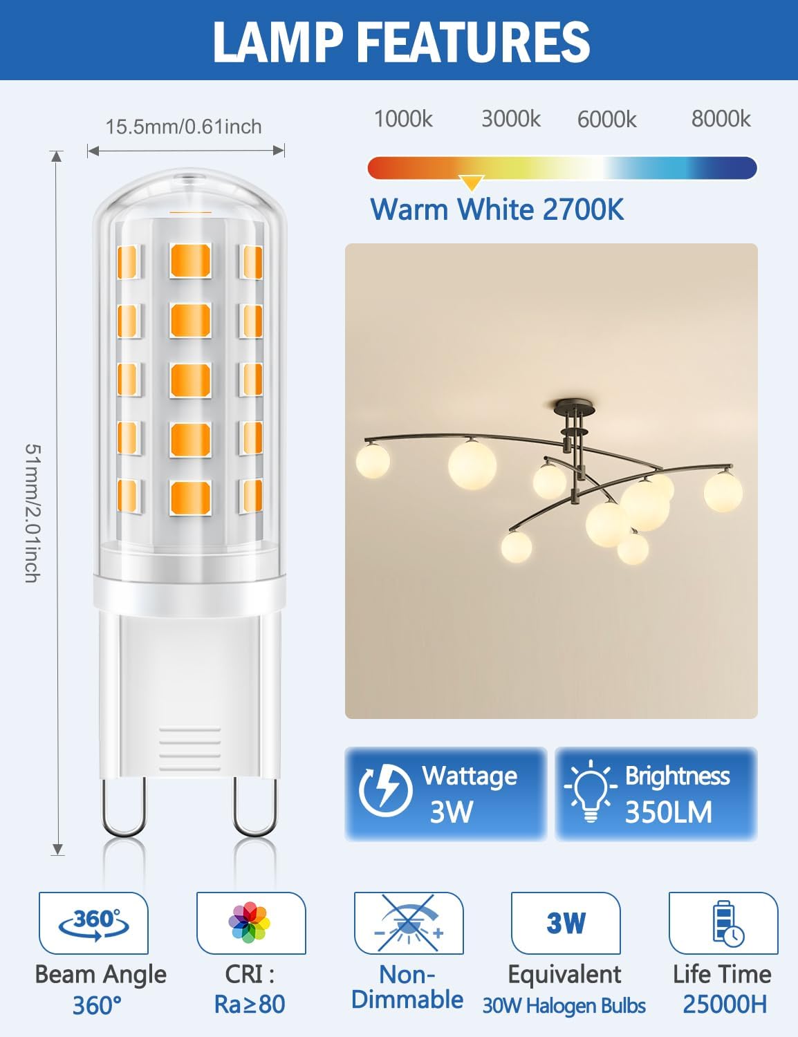 Detalle 2 de BRVHOZX G9 LED Bulbs, 3W, 2700K Warm White, 350 lm, 6-Pack