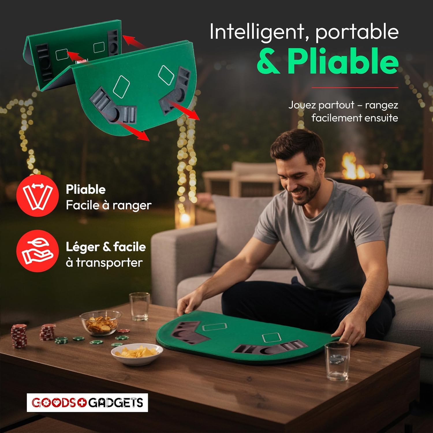 Thumbnail 1 de GOODS+GADGETS Tapis de table de poker XXL pliable en feutre (160 x 80 cm) avec 8 porte-gobelets