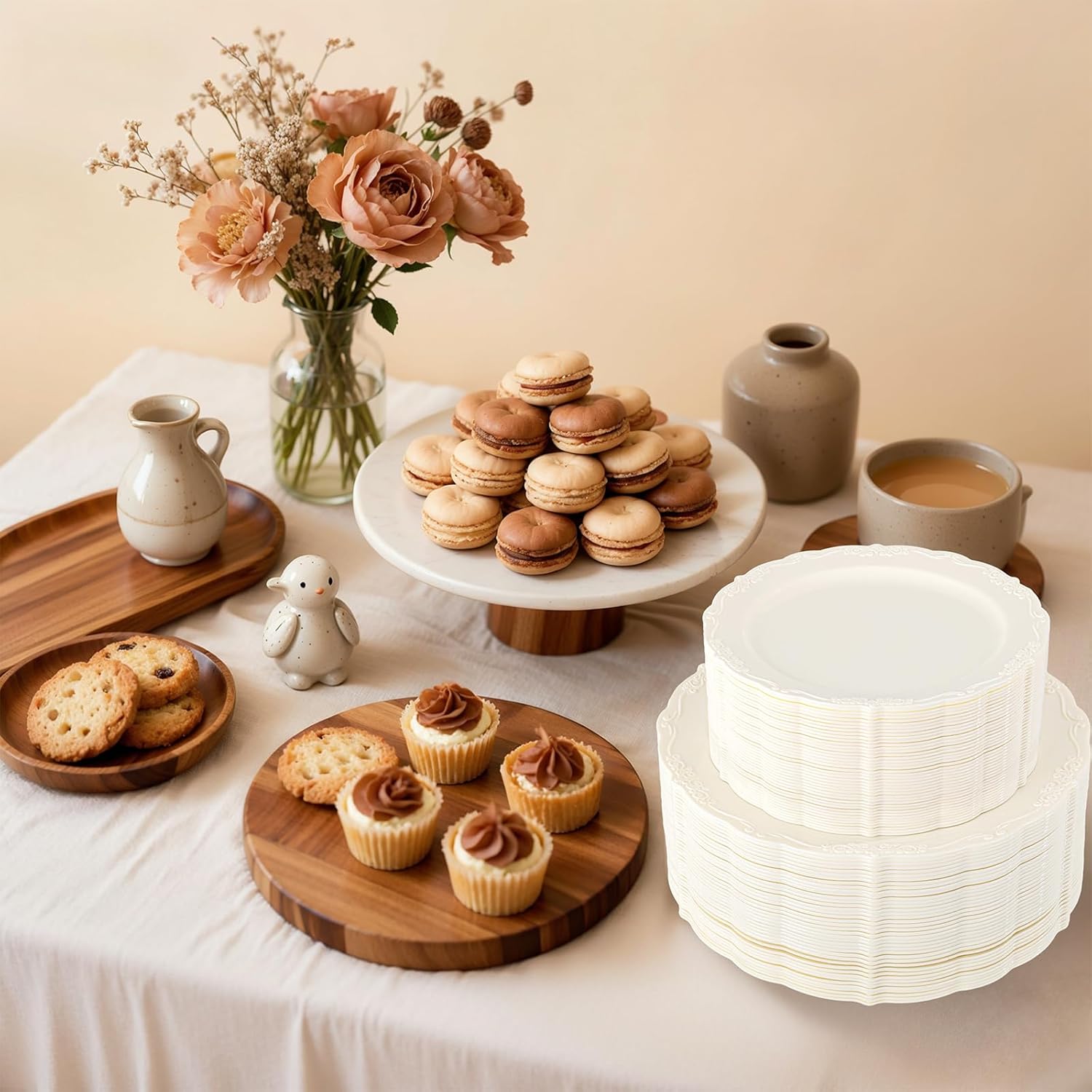 Thumbnail 5 de U-QE 100 Pieces Ivory Plastic Plates for Party – Heavy Duty Disposable Dinner & Dessert Plates (50 x 10" + 50 x 7.5")