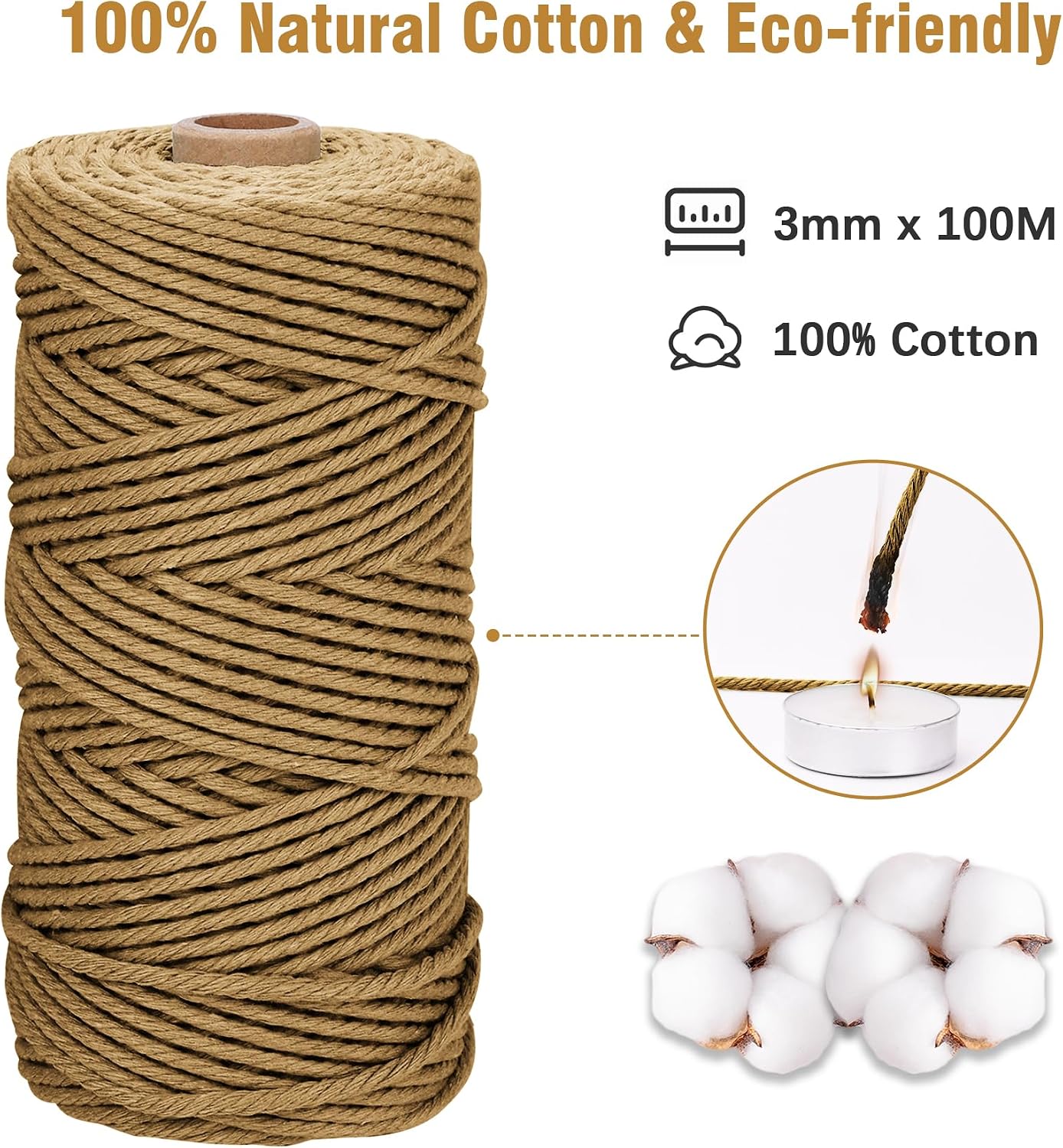 Detalle 2 de Corde Macramé 3mm x 100m - Set de 3 bobines en coton naturel (Beige, Jaune Moutarde, Marron) pour Décoration et Suspension