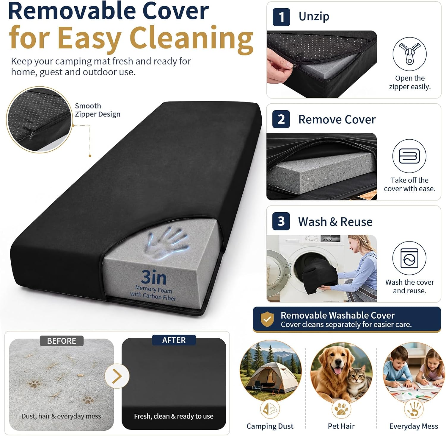 Thumbnail 6 de CYMULA Memory Foam Camping Mattress Pad, 3-Inch Non-Slip Sleeping Pad