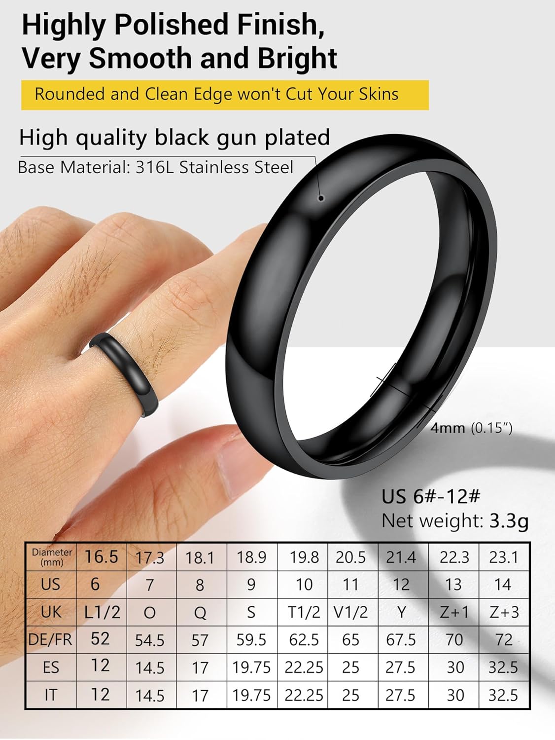 Thumbnail 4 de Bague PROSTEEL en acier inoxydable 316L et plaqué or, anneau simple (jusqu’à 8 mm) – Taille 47 à 69