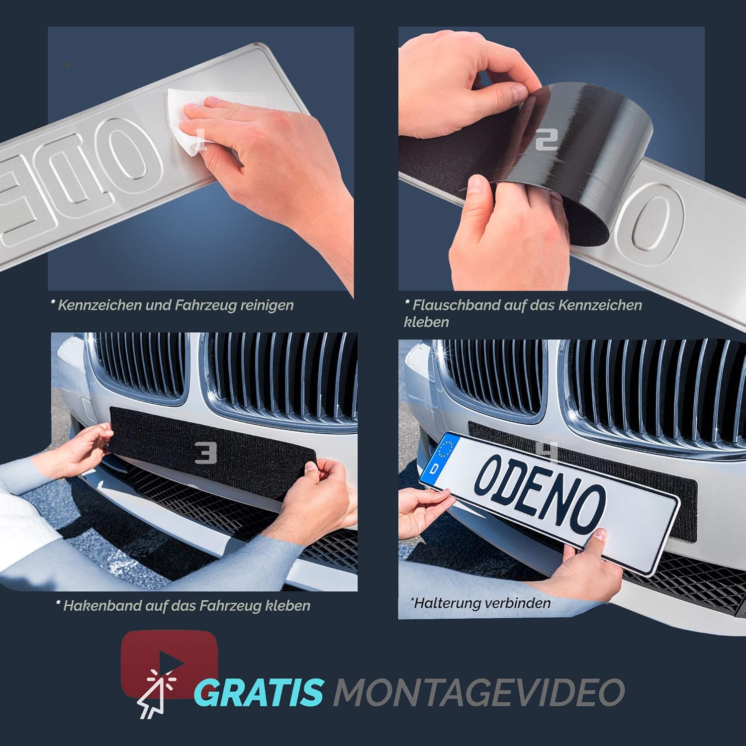 Thumbnail 6 de DAS ORIGINAL ODENO Klett Kennzeichenhalter-Set Rahmungsfrei – Selbstklebend, wetterfest, STRONG Klettbindung