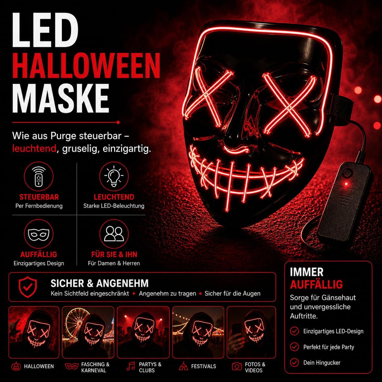 Detalle 2 de FASCHINFEVER Purge led-masker met bedienbare lichtstanden en kleurkeuze