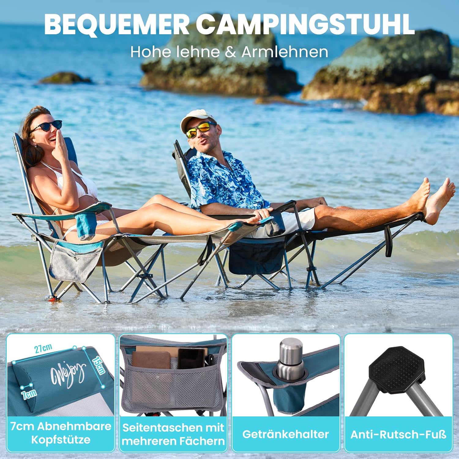 Detalle de #WEJOY 2-in-1 Campingstuhl bis 180 kg mit Fußstütze und 4-fach verstellbarer Rückenlehne