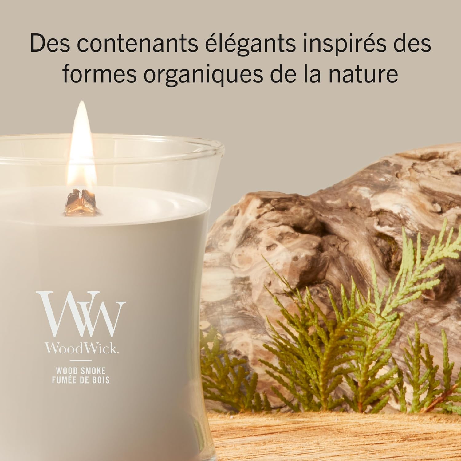 Detalle de WoodWick Bougie parfumée — Bougie sablier moyenne Feu de bois