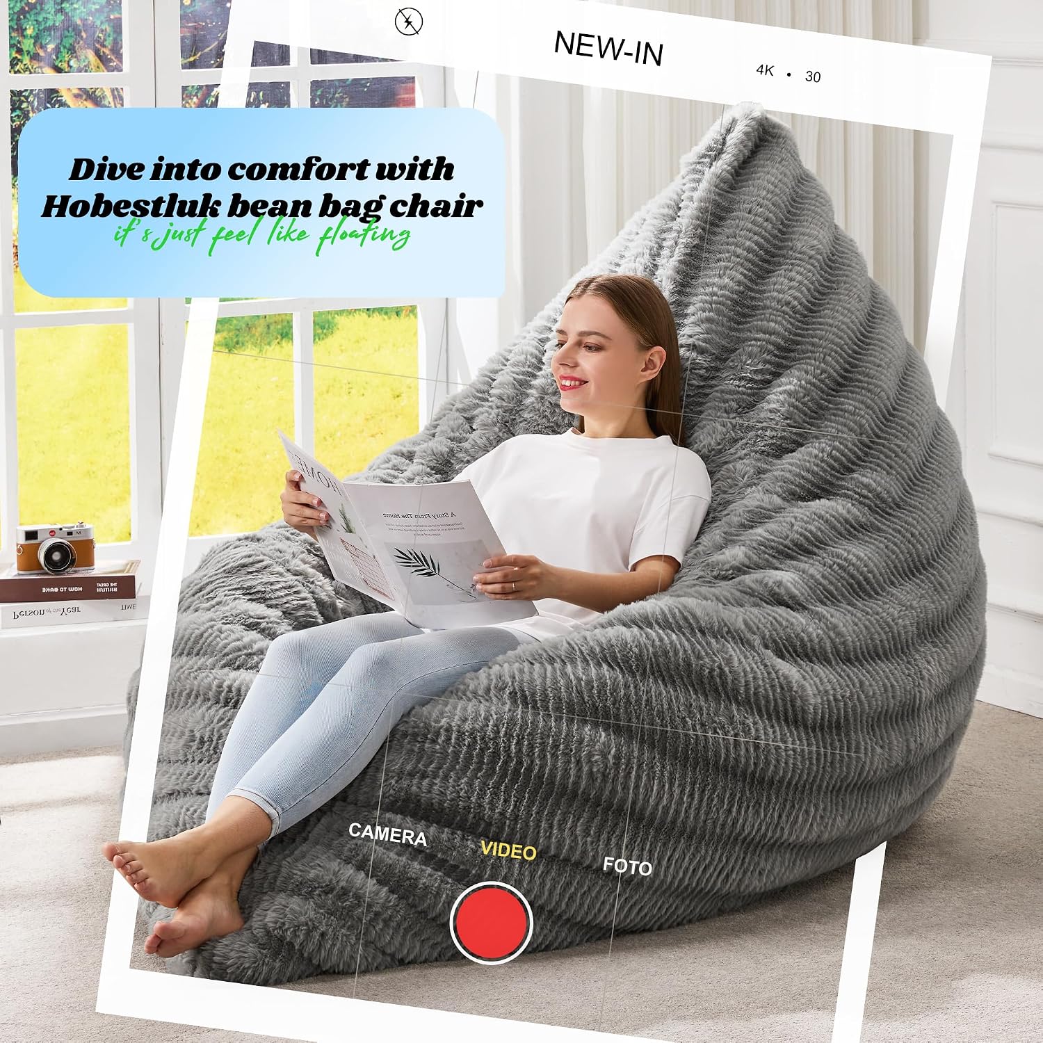 Thumbnail 6 de Hobestluk NEW035 3-in-1 Convertible Bean Bag Chair, Ripple Gray, Washable Cover
