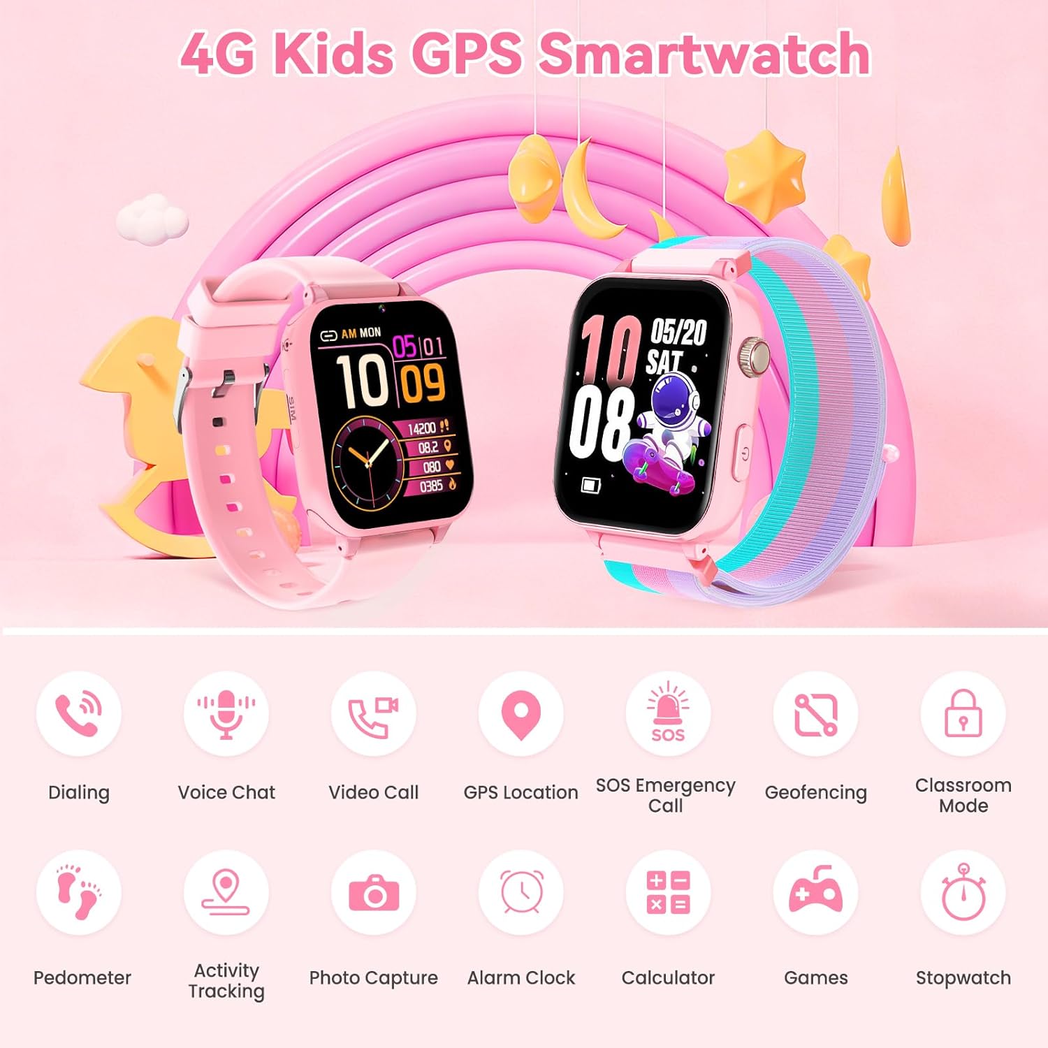 Detalle de 4G Kids Smart Watch Phone GPS with Video Calling, Class Mode, and SOS — Pink