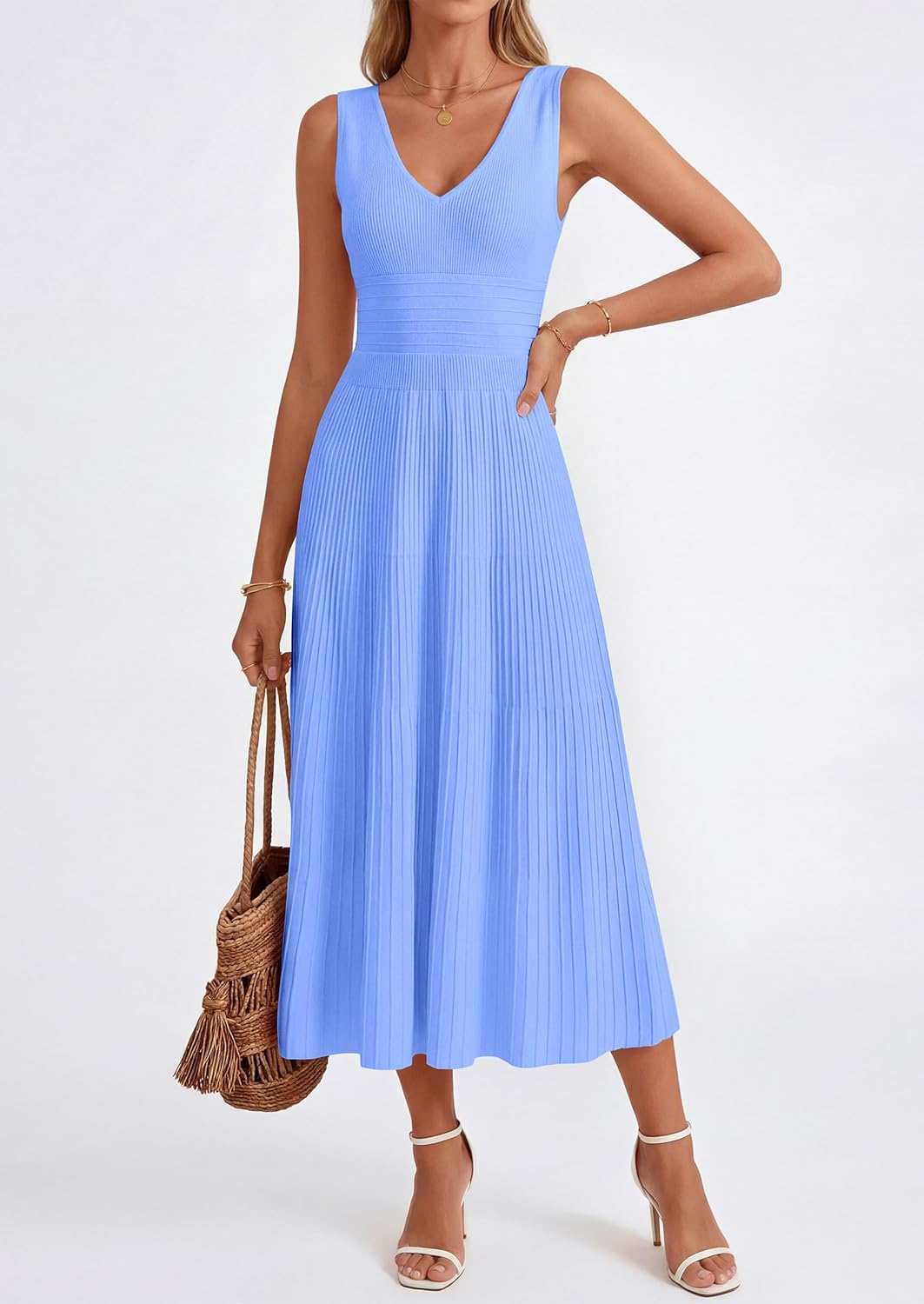 Thumbnail 1 de PRETTYGARDEN Summer Dresses for Women 2026: Pleated Midi V-Neck Sleeveless Dress