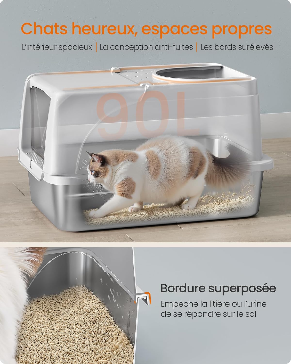 Thumbnail 3 de Feandrea Bac à Litière pour Chat en Acier Inoxydable – Grand modèle avec couvercle basculant et double entrée