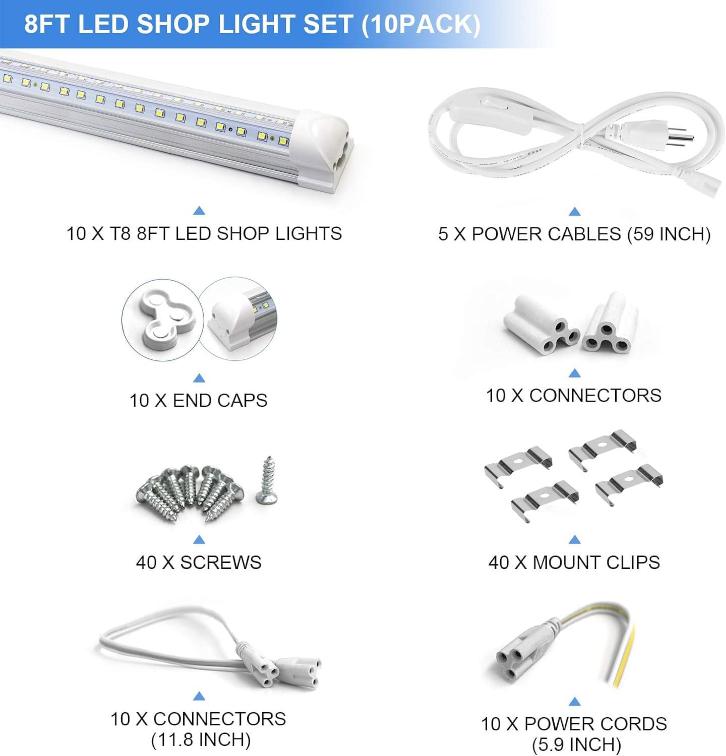 Detalle 2 de Phiwicsh 8-Foot LED Shop Light Fixtures, 90W, 6500K, 10-Pack