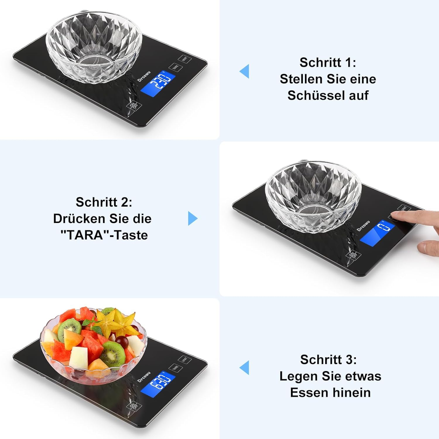 Detalle de Drcowu K72H digitale keukenweegschaal, 15 kg, 1 g en gehard glas